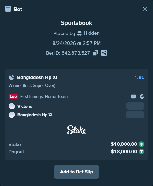 Bet slip: Victoria - Bangladesh Hp Xi, $10,000.00 stake at 1.80 odds, placed by Hidden