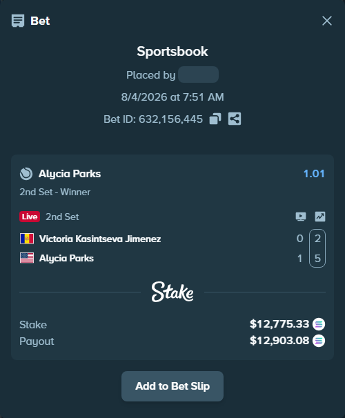 Bet slip: Victoria Kasintseva Jimenez - Alycia Parks, $12,644.58 stake at 1.01 odds, placed by Flex248
