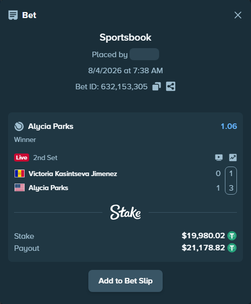 Bet slip: Victoria Kasintseva Jimenez - Alycia Parks, $20,000.00 stake at 1.06 odds, placed by antoniku