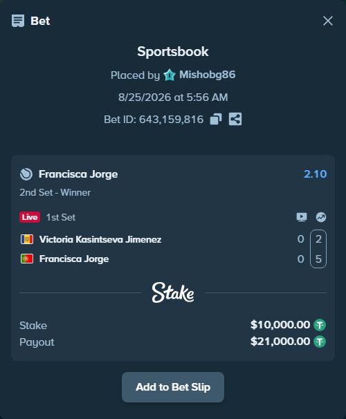 Bet slip: Victoria Kasintseva Jimenez - Francisca Jorge, $10,000.00 stake at 2.10 odds, placed by Mishobg86