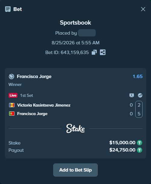 Bet slip: Victoria Kasintseva Jimenez - Francisca Jorge, $15,000.00 stake at 1.65 odds, placed by Mishobg86