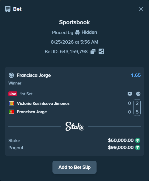 Bet slip: Victoria Kasintseva Jimenez - Francisca Jorge, $60,000.00 stake at 1.65 odds, placed by Hidden