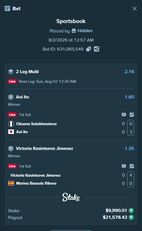 Bet slip: Victoria Kasintseva Jimenez - Marina Bassols Ribera, $10,000.00 stake at 1.35 odds, placed by Hidden