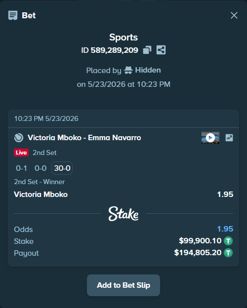 Bet slip: Victoria Mboko - Emma Navarro, $100,000.00 stake at 1.95 odds, placed by Hidden