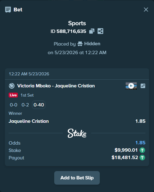 Bet slip: Victoria Mboko - Jaqueline Cristian, $10,000.00 stake at 1.85 odds, placed by Hidden