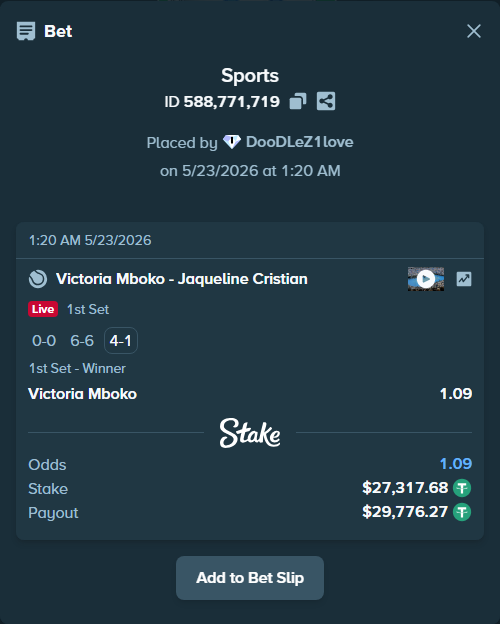 Bet slip: Victoria Mboko - Jaqueline Cristian, $27,345.00 stake at 1.09 odds, placed by DooDLeZ1love