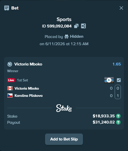 Bet slip: Victoria Mboko - Karolina Pliskova, $18,952.28 stake at 1.65 odds, placed by Hidden
