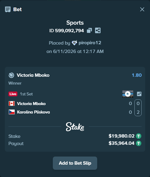 Bet slip: Victoria Mboko - Karolina Pliskova, $20,000.00 stake at 1.80 odds, placed by piropiro12