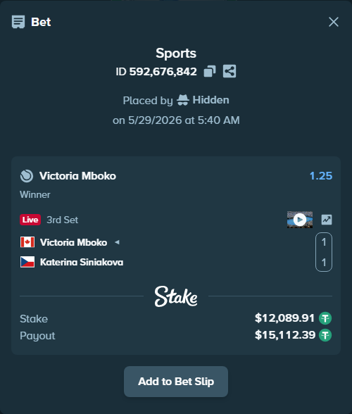 Bet slip: Victoria Mboko - Katerina Siniakova, $12,102.00 stake at 1.25 odds, placed by Hidden