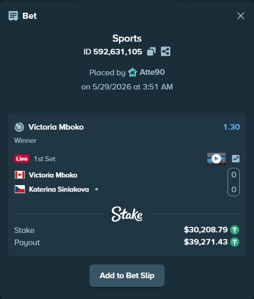 Bet slip: Victoria Mboko - Katerina Siniakova, $30,239.00 stake at 1.30 odds, placed by Atte90