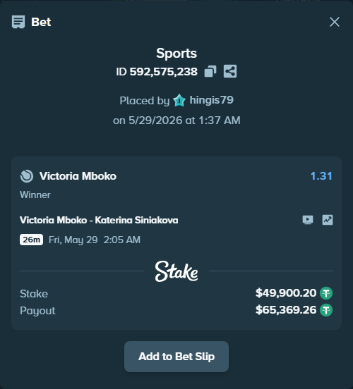 Bet slip: Victoria Mboko - Katerina Siniakova, $50,000.00 stake at 1.31 odds, placed by hingis79