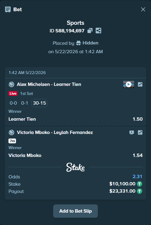 Bet slip: Victoria Mboko - Leylah Fernandez, $10,110.10 stake at 1.54 odds, placed by Hidden