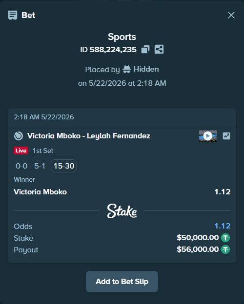 Bet slip: Victoria Mboko - Leylah Fernandez, $50,050.00 stake at 1.12 odds, placed by Hidden