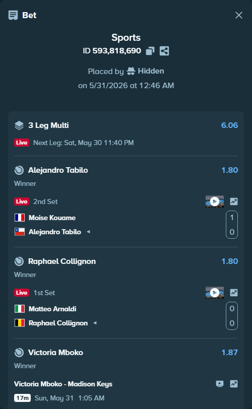 Bet slip: Victoria Mboko - Madison Keys, $11,291.28 stake at 1.87 odds, placed by Hidden