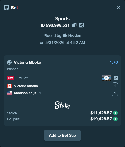 Bet slip: Victoria Mboko - Madison Keys, $11,440.00 stake at 1.70 odds, placed by Hidden