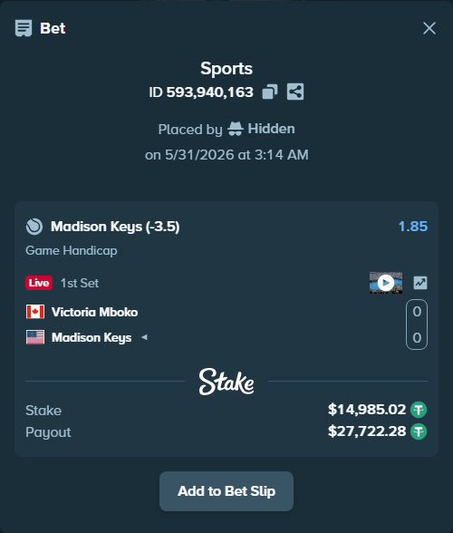 Bet slip: Victoria Mboko - Madison Keys, $15,000.00 stake at 1.85 odds, placed by Hidden