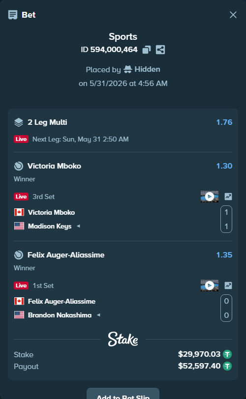 Bet slip: Victoria Mboko - Madison Keys, $30,000.00 stake at 1.30 odds, placed by Hidden