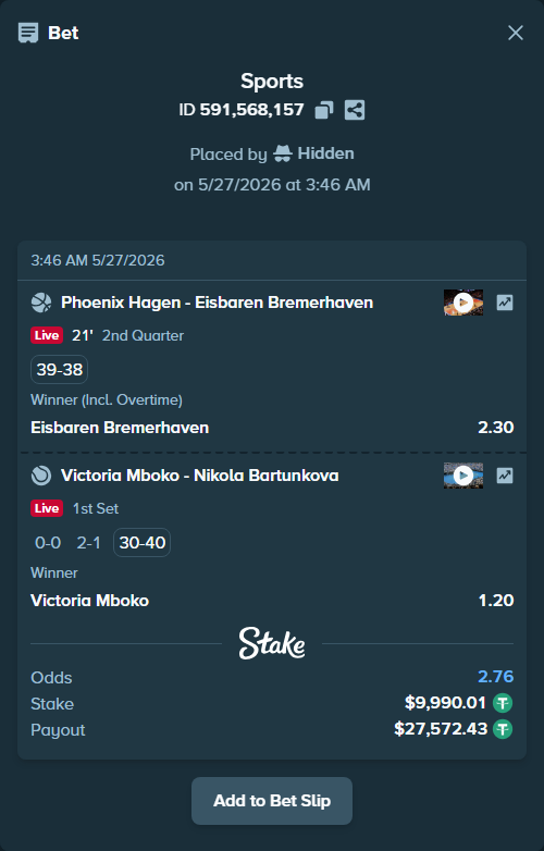 Bet slip: Victoria Mboko - Nikola Bartunkova, $10,000.00 stake at 1.20 odds, placed by Hidden