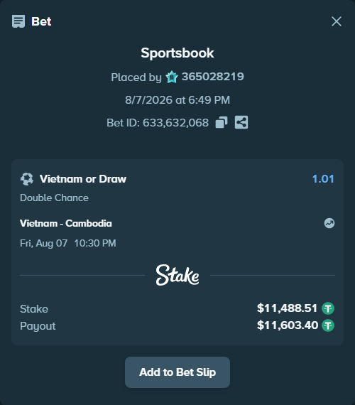 Bet slip: Vietnam - Cambodia, $11,500.00 stake at 1.01 odds, placed by 365028219
