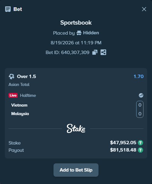 Bet slip: Vietnam - Malaysia, $48,000.00 stake at 1.70 odds, placed by Hidden