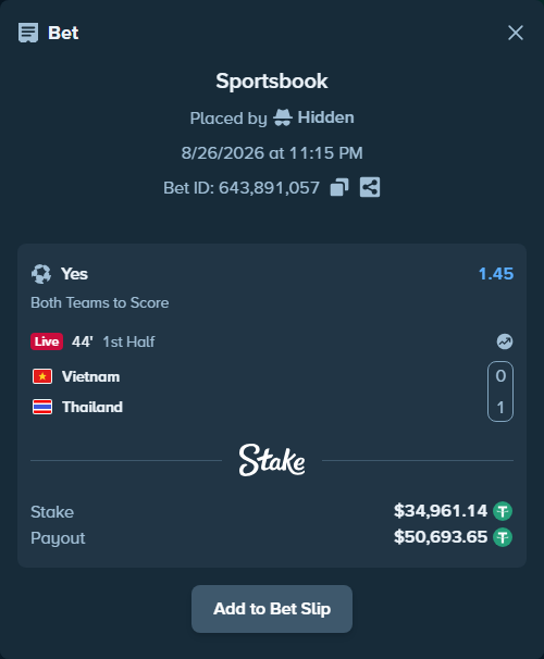 Bet slip: Vietnam - Thailand, $34,961.14 stake at 1.45 odds, placed by Hidden