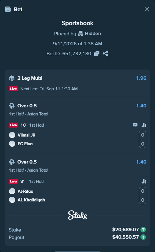 Bet slip: Viimsi JK - FC Elva, $20,680.79 stake at 1.40 odds, placed by Hidden