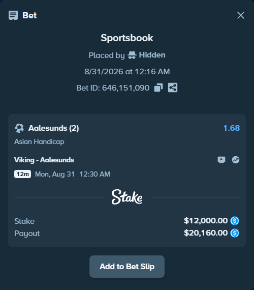 Bet slip: Viking - Aalesunds, $12,000.00 stake at 1.68 odds, placed by Hidden