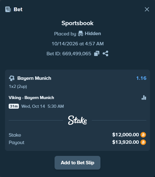 Bet slip: Viking - Bayern Munich, $12,014.07 stake at 1.16 odds, placed by Tonyj69