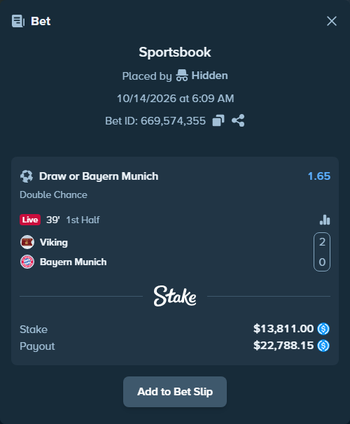 Bet slip: Viking - Bayern Munich, $13,811.00 stake at 1.65 odds, placed by olavandr