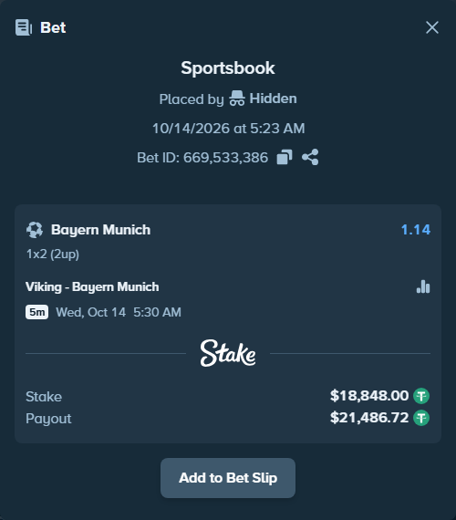 Bet slip: Viking - Bayern Munich, $18,866.85 stake at 1.14 odds, placed by Krisriple