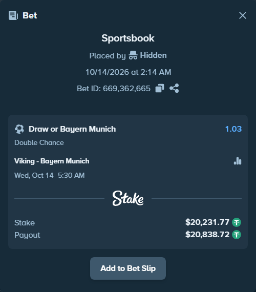 Bet slip: Viking - Bayern Munich, $20,252.00 stake at 1.03 odds, placed by iStellarius