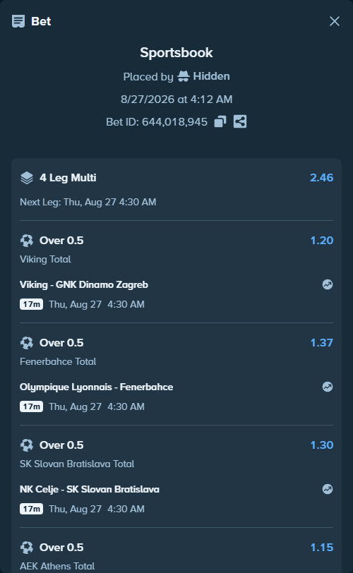Bet slip: Viking - GNK Dinamo Zagreb, $66,260.00 stake at 1.20 odds, placed by Hidden