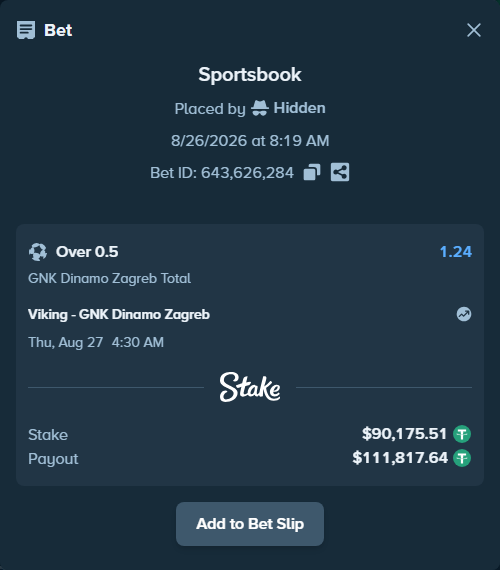 Bet slip: Viking - GNK Dinamo Zagreb, $90,175.51 stake at 1.24 odds, placed by Hidden