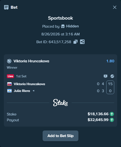 Bet slip: Viktoria Hruncakova - Julia Riera, $18,136.66 stake at 1.80 odds, placed by Hidden
