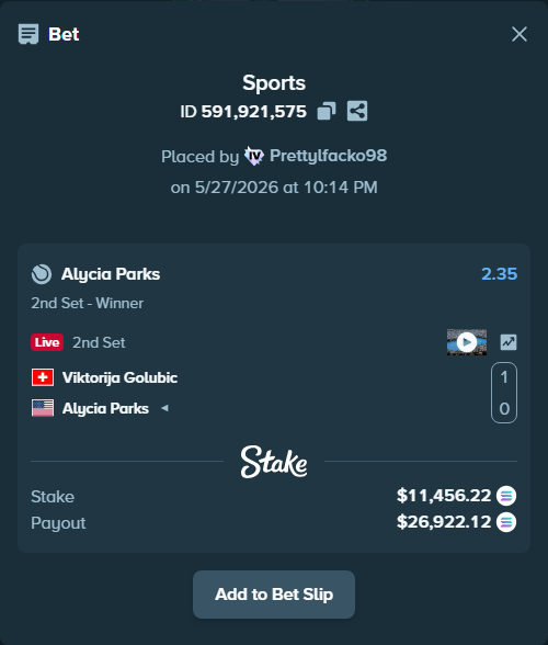 Bet slip: Viktorija Golubic - Alycia Parks, $10,007.92 stake at 2.35 odds, placed by Prettylfacko98