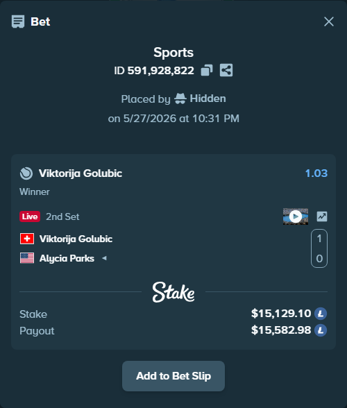 Bet slip: Viktorija Golubic - Alycia Parks, $12,853.20 stake at 1.03 odds, placed by Hidden