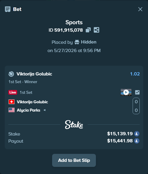 Bet slip: Viktorija Golubic - Alycia Parks, $12,908.91 stake at 1.02 odds, placed by Hidden