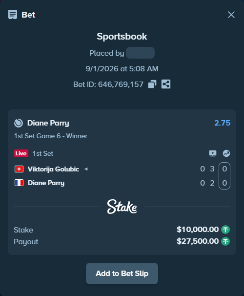 Bet slip: Viktorija Golubic - Diane Parry, $10,000.00 stake at 2.75 odds, placed by haroldfinchh