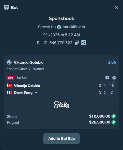 Bet slip: Viktorija Golubic - Diane Parry, $10,000.00 stake at 2.65 odds, placed by haroldfinchh