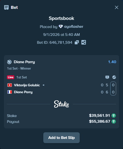 Bet slip: Viktorija Golubic - Diane Parry, $39,561.91 stake at 1.40 odds, placed by ayoflasher
