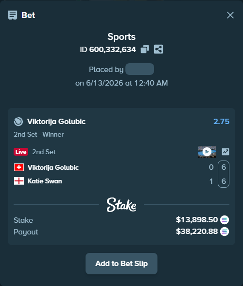 Bet slip: Viktorija Golubic - Katie Swan, $15,049.26 stake at 2.75 odds, placed by Prettylfacko98