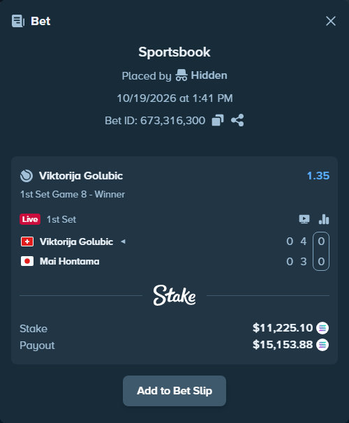 Bet slip: Viktorija Golubic - Mai Hontama, $11,197.80 stake at 1.35 odds, placed by Hidden