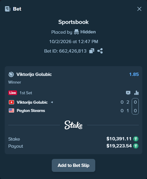 Bet slip: Viktorija Golubic - Peyton Stearns, $10,401.50 stake at 1.85 odds, placed by Hidden