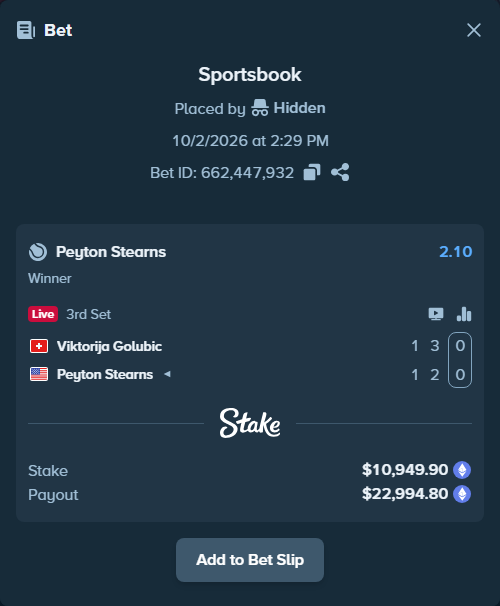 Bet slip: Viktorija Golubic - Peyton Stearns, $10,924.68 stake at 2.10 odds, placed by Hidden