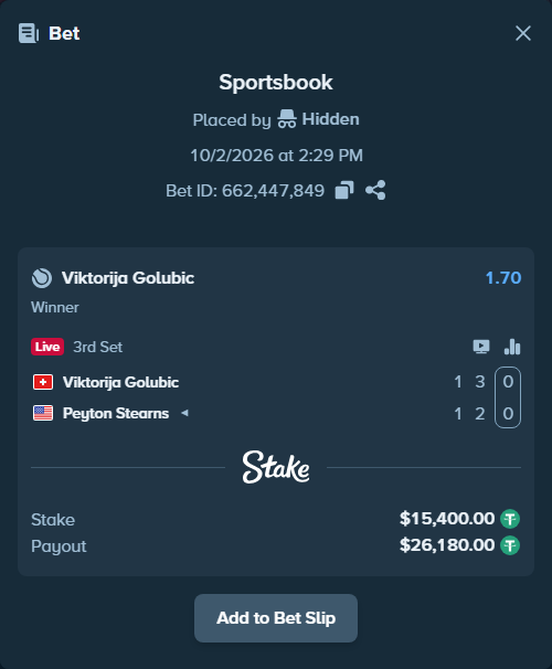 Bet slip: Viktorija Golubic - Peyton Stearns, $15,400.00 stake at 1.70 odds, placed by Hidden
