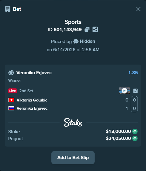 Bet slip: Viktorija Golubic - Veronika Erjavec, $13,013.00 stake at 1.85 odds, placed by Hidden