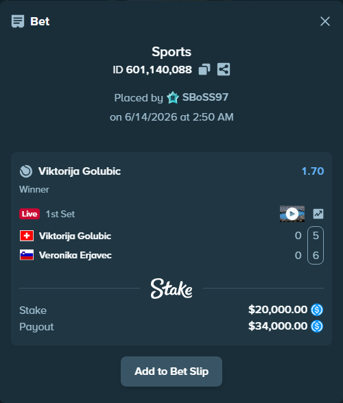 Bet slip: Viktorija Golubic - Veronika Erjavec, $20,000.00 stake at 1.70 odds, placed by SBoSS97