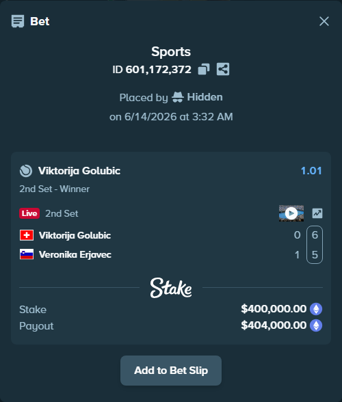Bet slip: Viktorija Golubic - Veronika Erjavec, $414,641.21 stake at 1.01 odds, placed by Hidden