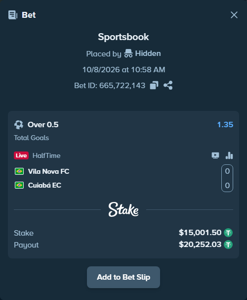 Bet slip: Vila Nova FC GO - Cuiaba EC MT, $15,000.00 stake at 1.35 odds, placed by SH7N28