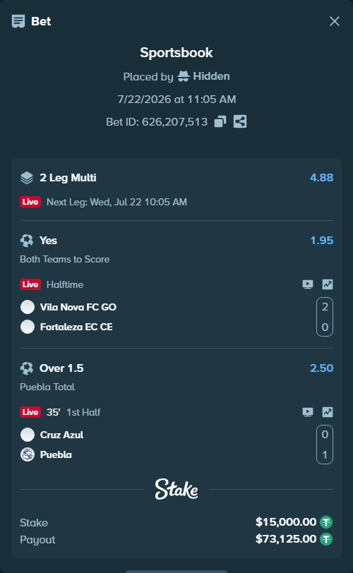 Bet slip: Vila Nova FC GO - Fortaleza EC CE, $15,015.00 stake at 1.95 odds, placed by Hidden